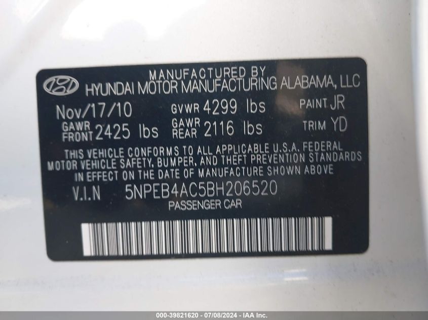 5NPEB4AC5BH206520 | 2011 HYUNDAI SONATA