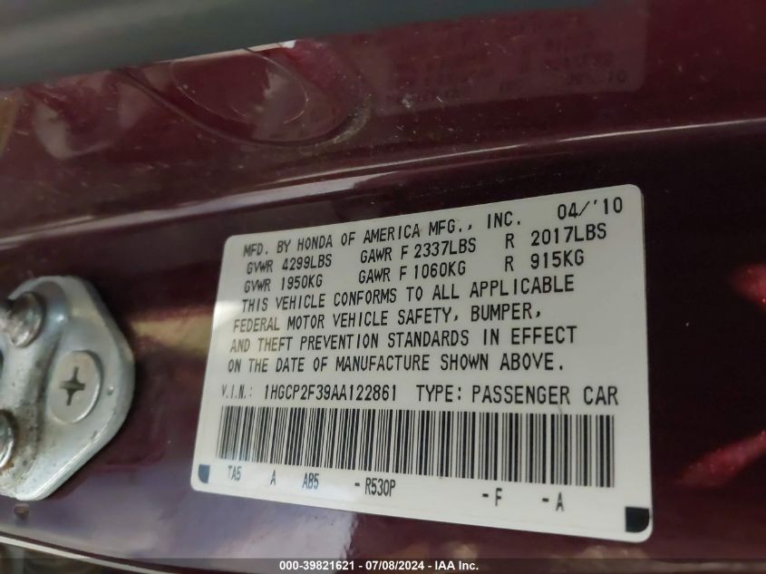 2010 Honda Accord 2.4 Lx VIN: 1HGCP2F39AA122861 Lot: 39821621