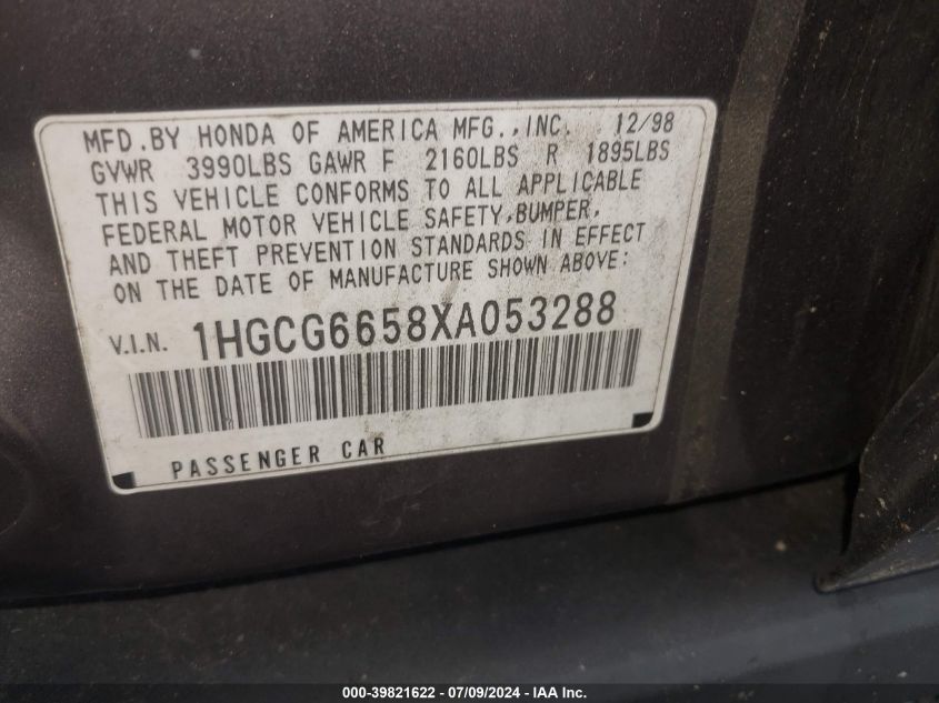 1HGCG6658XA053288 | 1999 HONDA ACCORD