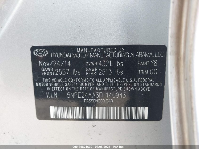 2015 HYUNDAI SONATA ECO - 5NPE24AA3FH140943