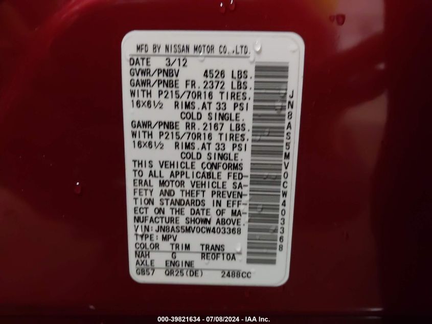 2012 Nissan Rogue S VIN: JN8AS5MV0CW403368 Lot: 39821634