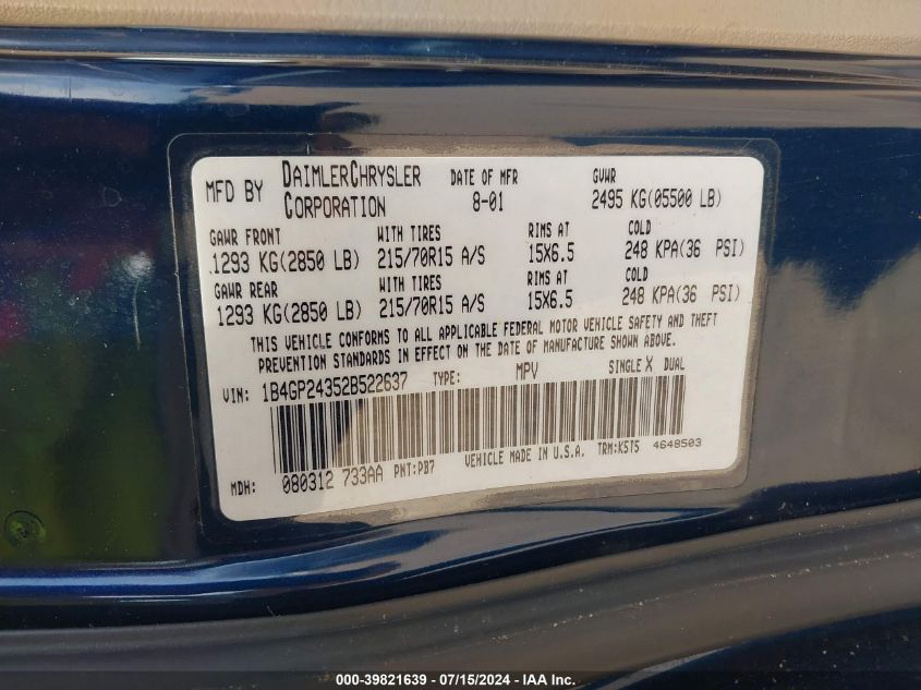 2002 Dodge Grand Caravan Se VIN: 1B4GP24352B522637 Lot: 39821639