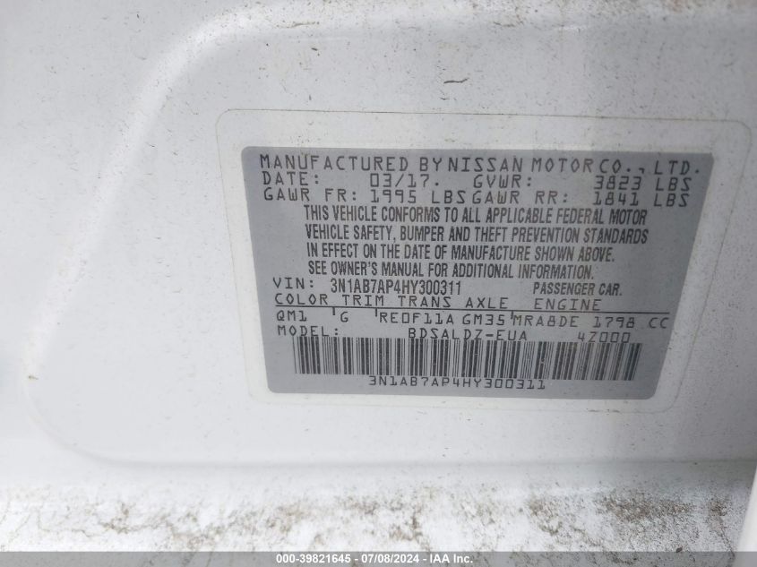 2017 Nissan Sentra Sv VIN: 3N1AB7AP4HY300311 Lot: 39821645