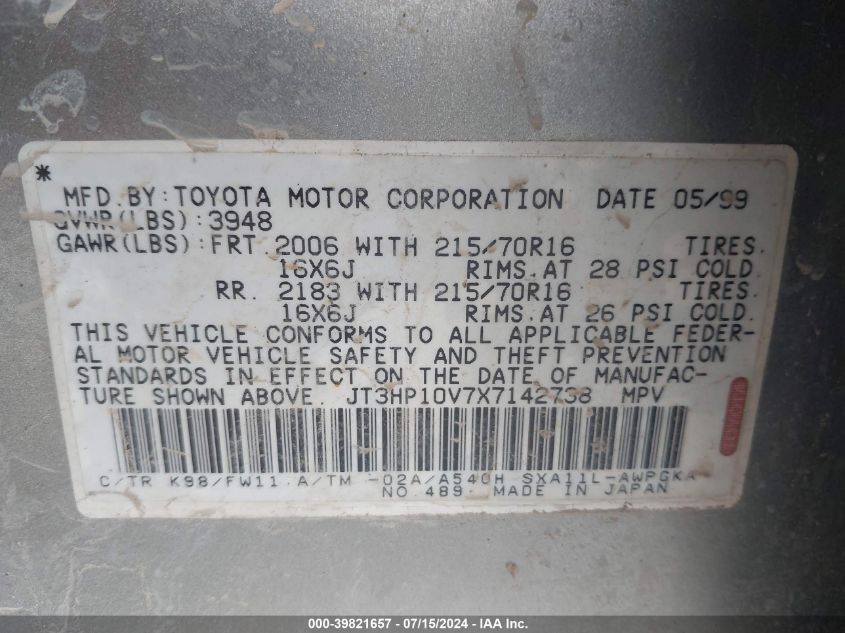 1999 Toyota Rav4 VIN: JT3HP10V7X7142738 Lot: 39821657