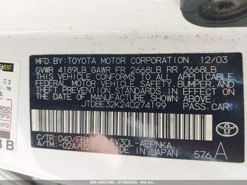 2004 Toyota Camry Le VIN: JTDBE32K240274199 Lot: 39821662