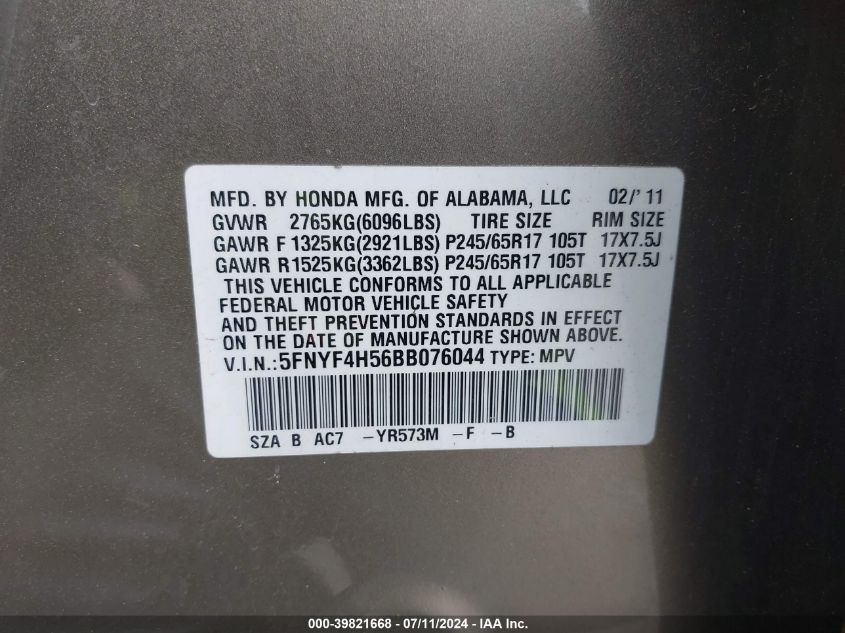 2011 Honda Pilot Ex-L VIN: 5FNYF4H56BB076044 Lot: 39821668