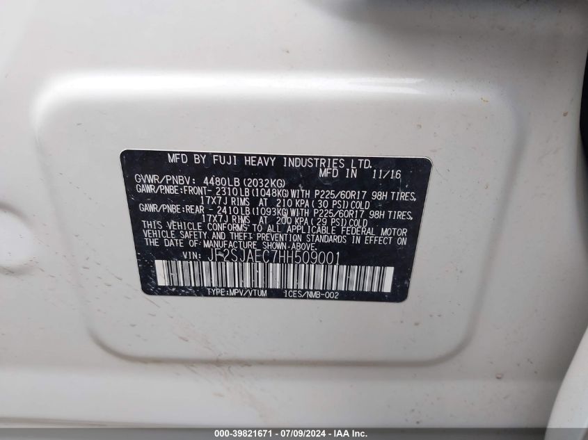 2017 Subaru Forester Premium VIN: JF2SJAEC7HH509001 Lot: 39821671