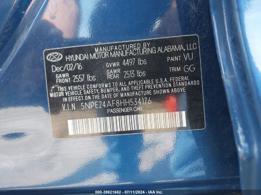2017 Hyundai Sonata VIN: 5NPE24AF8HH534176 Lot: 39821682