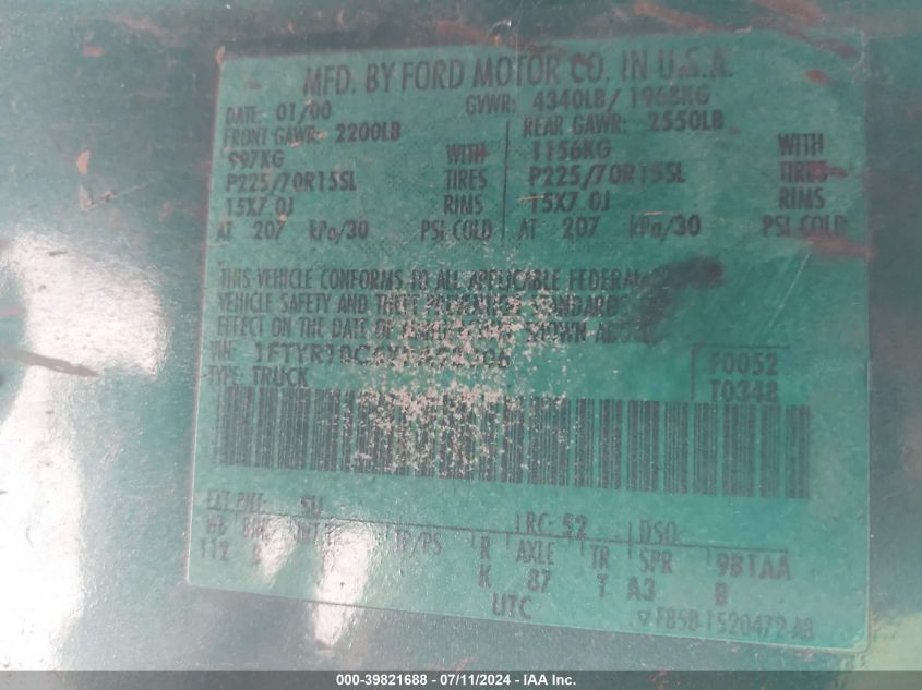 2000 Ford Ranger Xl/Xlt VIN: 1FTYR10C5YPA93206 Lot: 39821688