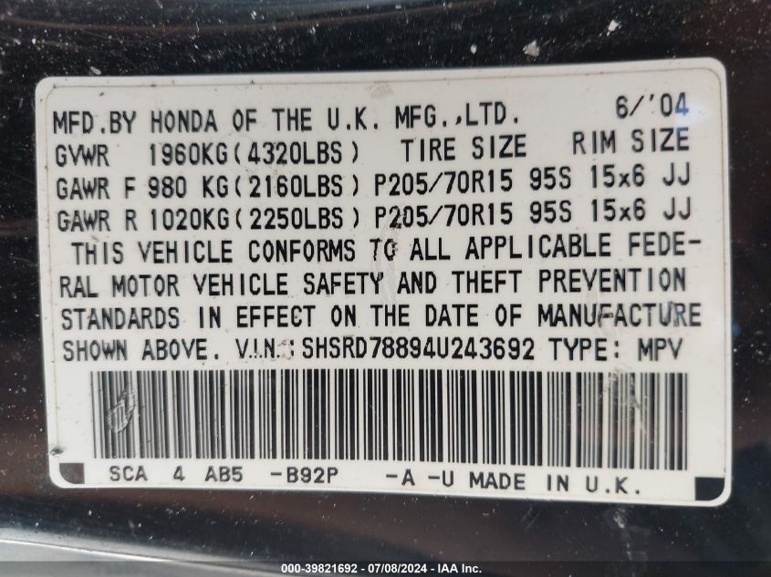 2004 Honda Cr-V Ex VIN: SHSRD78894U243692 Lot: 39821692