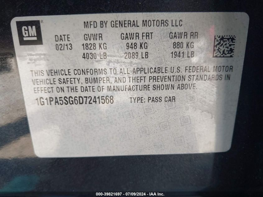 2013 Chevrolet Cruze Ls Auto VIN: 1G1PA5SG6D7241568 Lot: 39821697