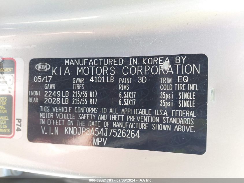 2018 Kia Soul + VIN: KNDJP3A54J7526264 Lot: 39821701