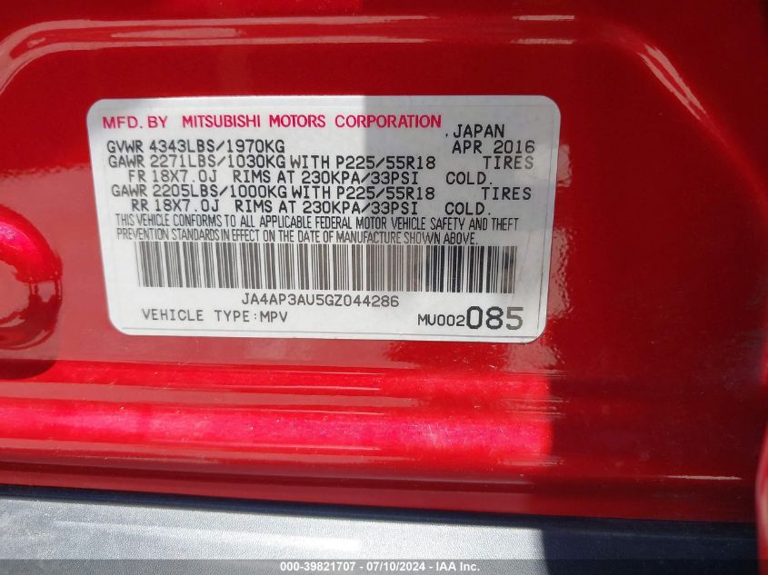 2016 Mitsubishi Outlander Sport 2.0 Es VIN: JA4AP3AU5GZ044286 Lot: 39821707