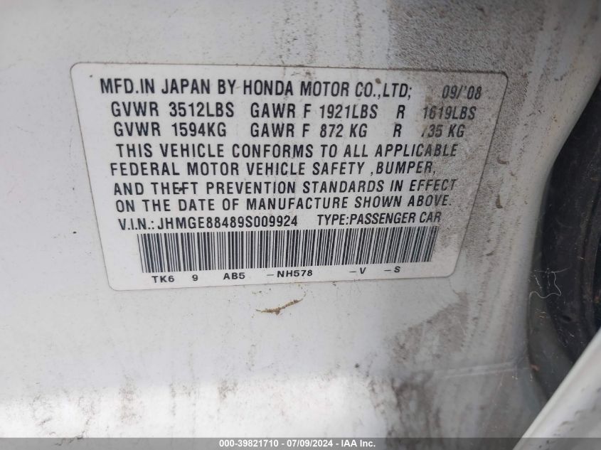 2009 Honda Fit Sport VIN: JHMGE88489S009924 Lot: 39821710