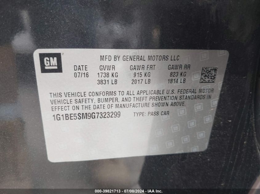 2016 Chevrolet Cruze Lt Auto VIN: 1G1BE5SM9G7323299 Lot: 39821713