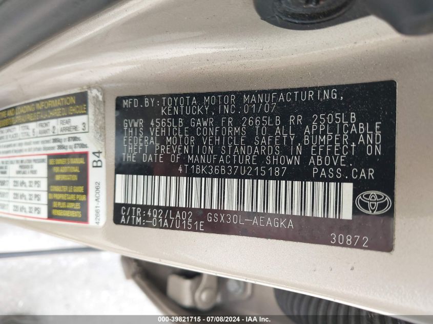 2007 Toyota Avalon Xls VIN: 4T1BK36B37U215187 Lot: 39821715