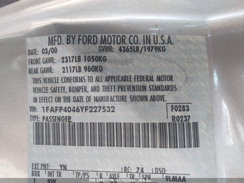 2000 Ford Mustang VIN: 1FAFP4046YF227532 Lot: 39821719