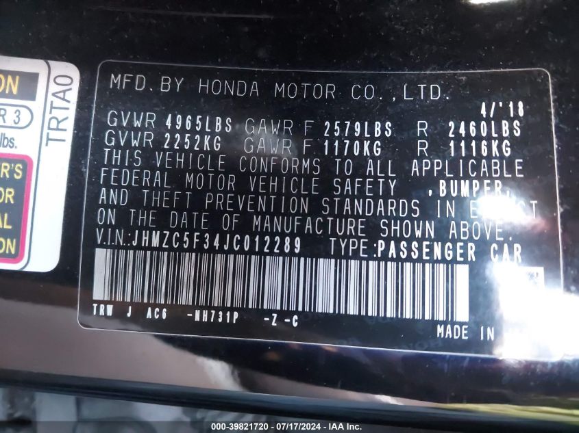 2018 Honda Clarity Touring VIN: JHMZC5F34JC012289 Lot: 39821720