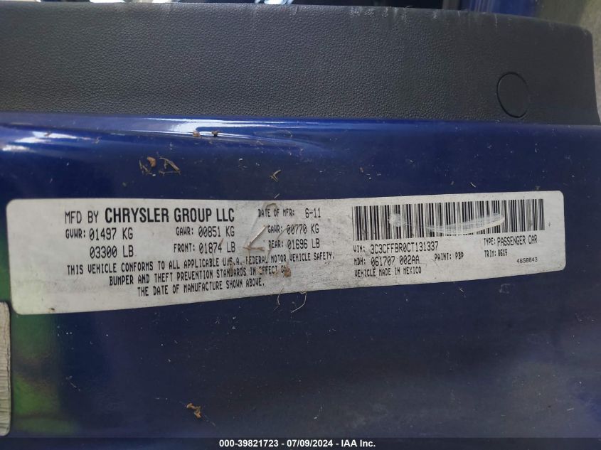 2012 Fiat 500 Sport VIN: 3C3CFFBR0CT131337 Lot: 39821723