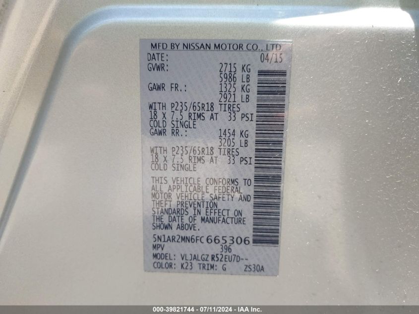 2015 Nissan Pathfinder Sl VIN: 5N1AR2MN6FC665306 Lot: 39821744