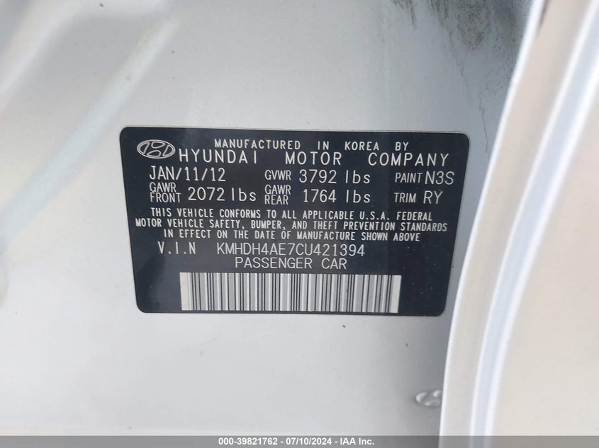 2012 Hyundai Elantra Limited (Ulsan Plant) VIN: KMHDH4AE7CU421394 Lot: 39821762