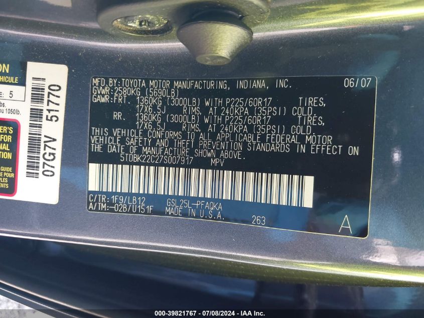 2007 Toyota Sienna Xle VIN: 5TDBK22C27S007917 Lot: 39821767