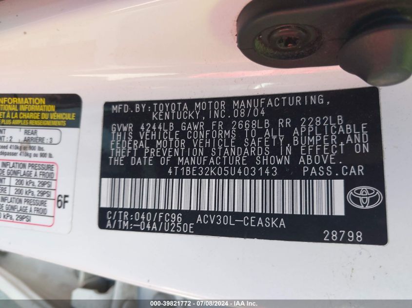 2005 Toyota Camry Se VIN: 4T1BE32K05U403143 Lot: 39821772