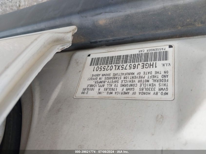 1999 Honda Civic Lx VIN: 1HGEJ6575XL025501 Lot: 39821774