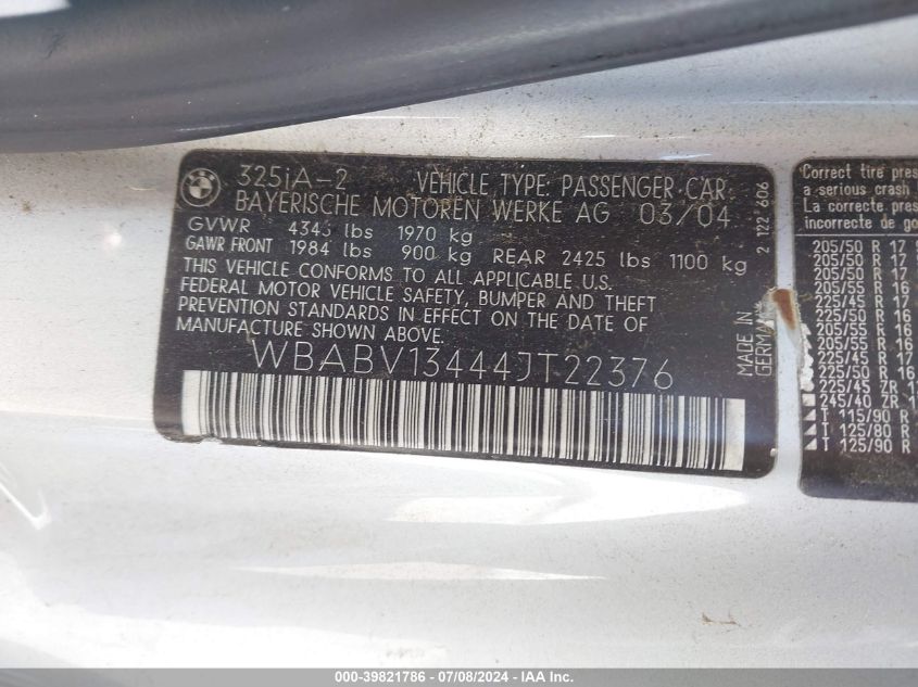 2004 BMW 325Ci VIN: WBABV13444JT22376 Lot: 39821786