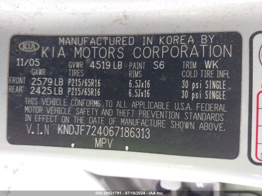 2006 Kia Sportage Lx VIN: KNDJF724067186313 Lot: 39821791