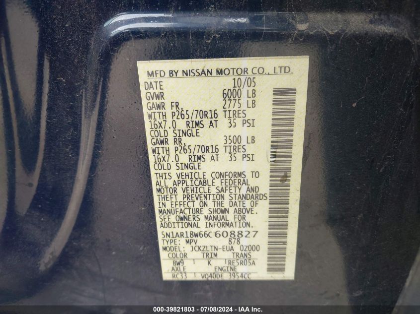 2006 Nissan Pathfinder Se VIN: 5N1AR18W66C608827 Lot: 39821803