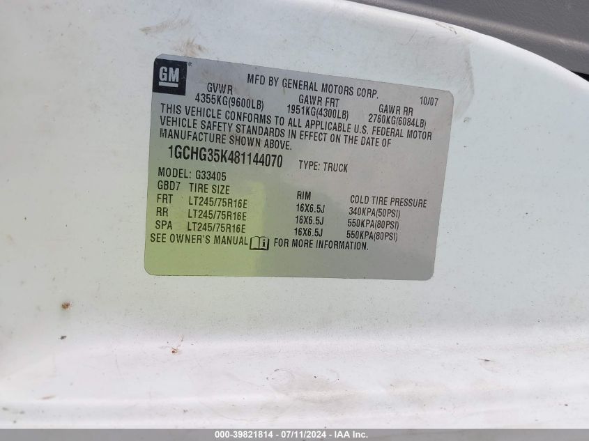 2008 Chevrolet Express Work Van VIN: 1GCHG35K481144070 Lot: 39821814