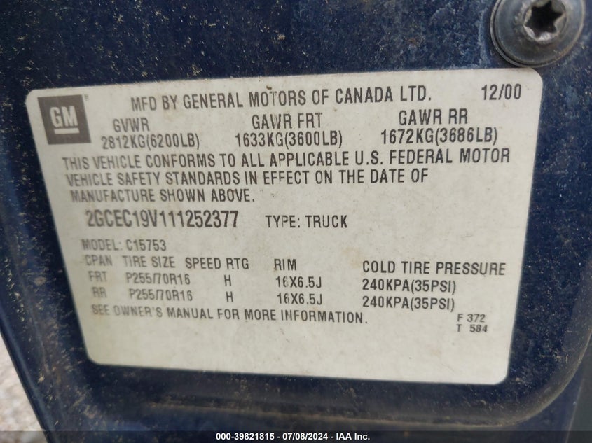 2001 Chevrolet Silverado 1500 Ls VIN: 2GCEC19V111252377 Lot: 39821815