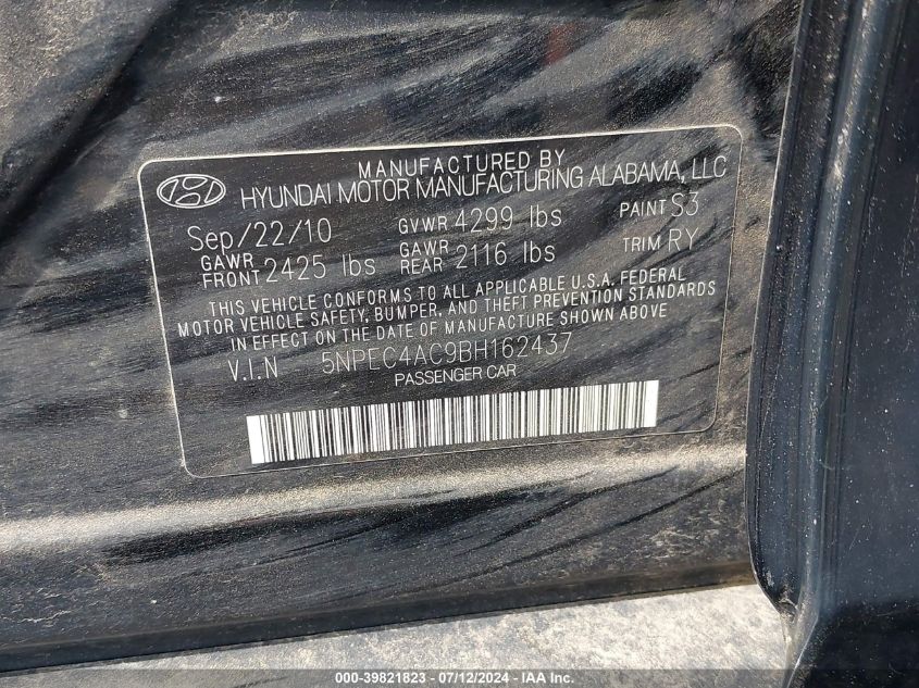 2011 Hyundai Sonata Se VIN: 5NPEC4AC9BH162437 Lot: 39821823