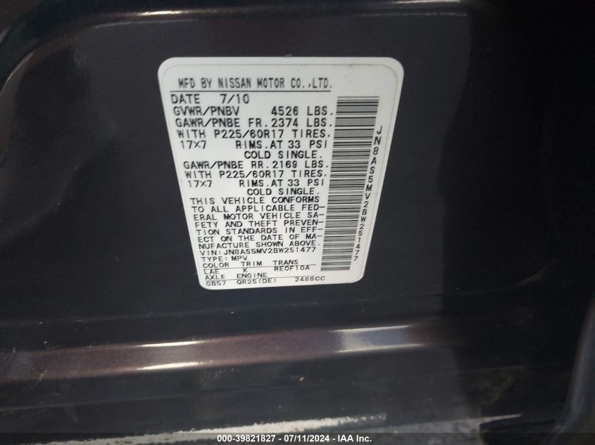 2011 Nissan Rogue Sv VIN: JN8AS5MV2BW251477 Lot: 39821827