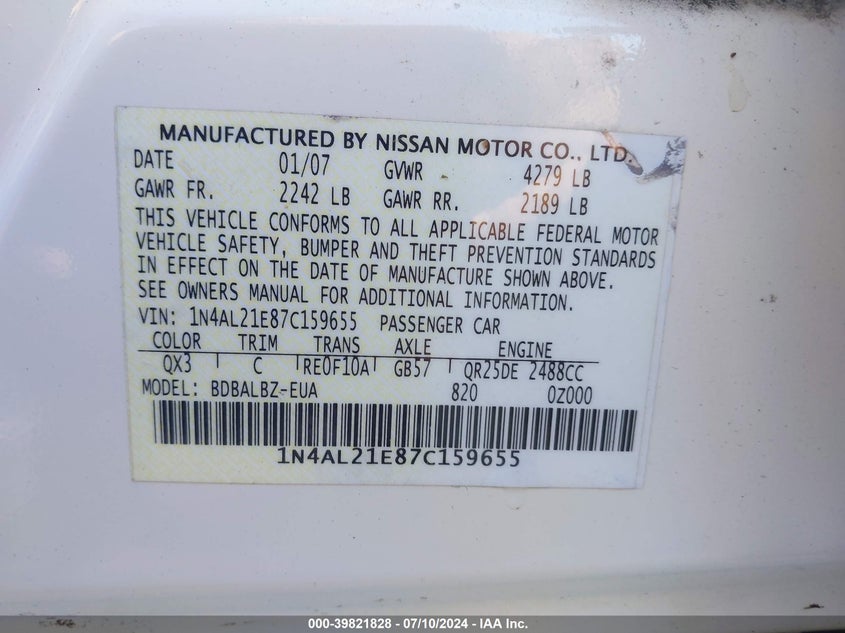 2007 Nissan Altima 2.5 S VIN: 1N4AL21E87C159655 Lot: 39821828