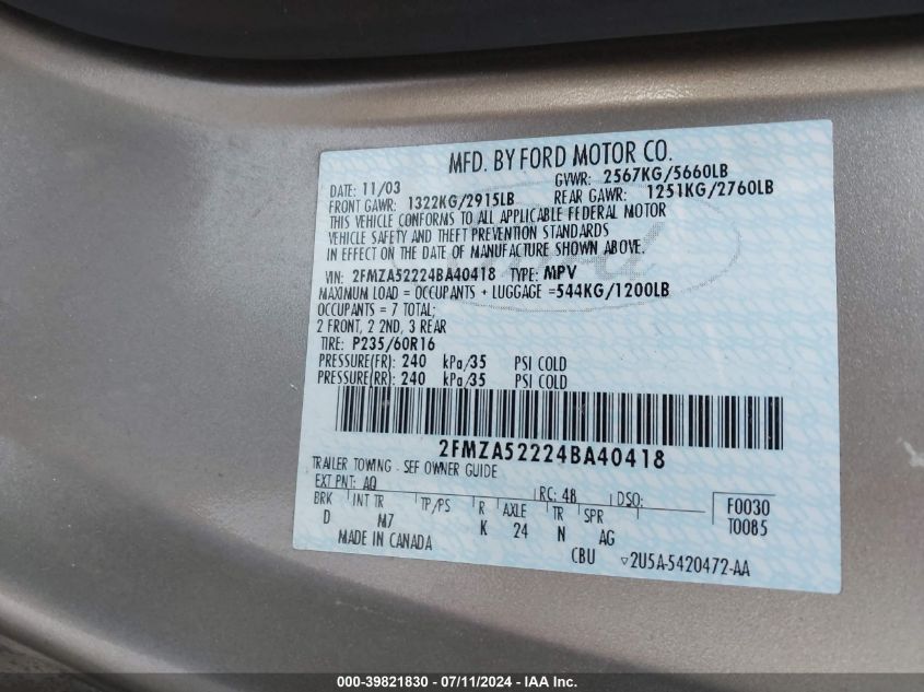 2004 Ford Freestar Sel VIN: 2FMZA52224BA40418 Lot: 39821830