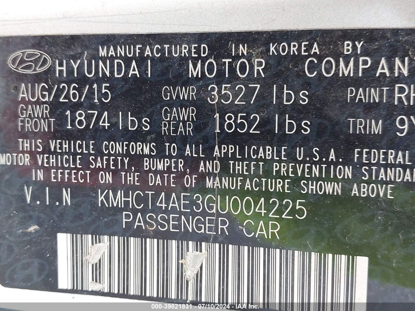 KMHCT4AE3GU004225 2016 Hyundai Accent Se