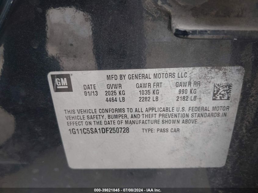 2013 Chevrolet Malibu 1Lt VIN: 1G11C5SA1DF250728 Lot: 39821845