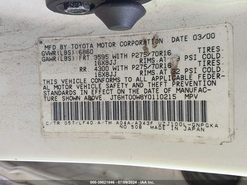 2000 Lexus Lx 470 VIN: JT6HT00W8Y0110215 Lot: 39821846