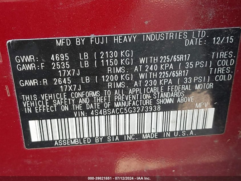 2016 Subaru Outback 2.5I Premium VIN: 4S4BSACC5G3273938 Lot: 39821851