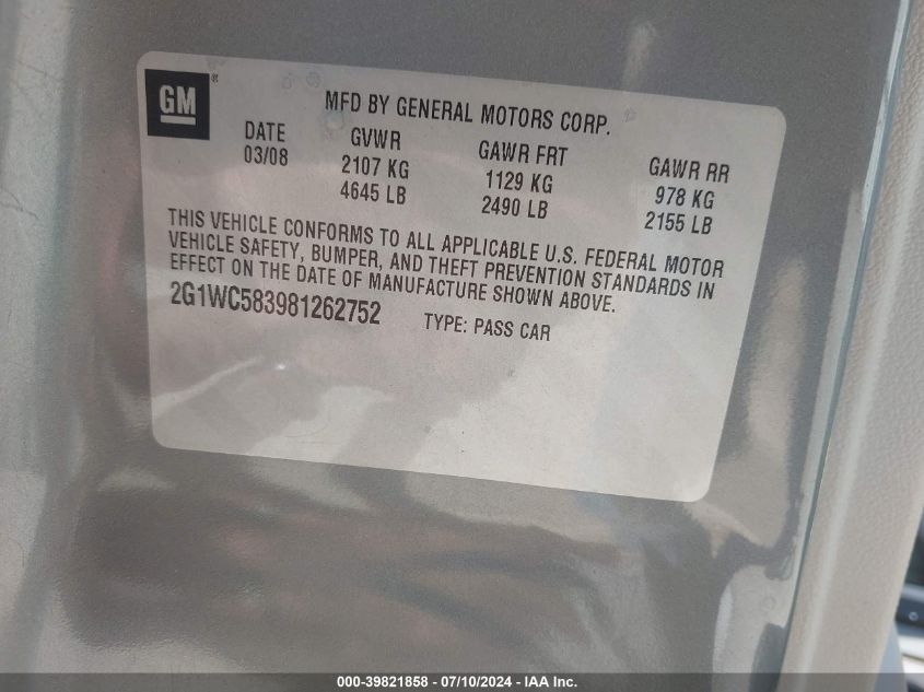 2008 Chevrolet Impala Lt VIN: 2G1WC583981262752 Lot: 39821858