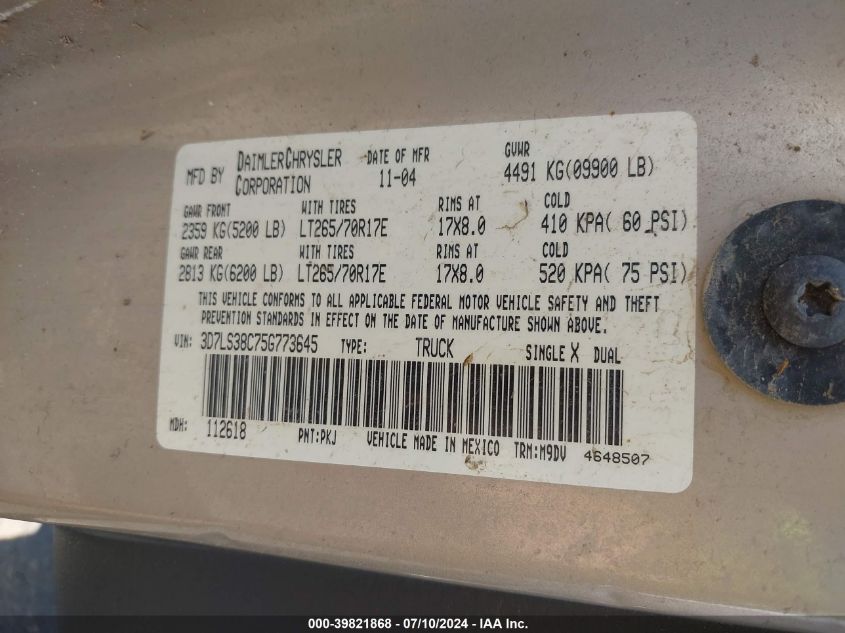 2005 Dodge Ram 3500 Slt/Laramie VIN: 3D7LS38C75G773645 Lot: 39821868