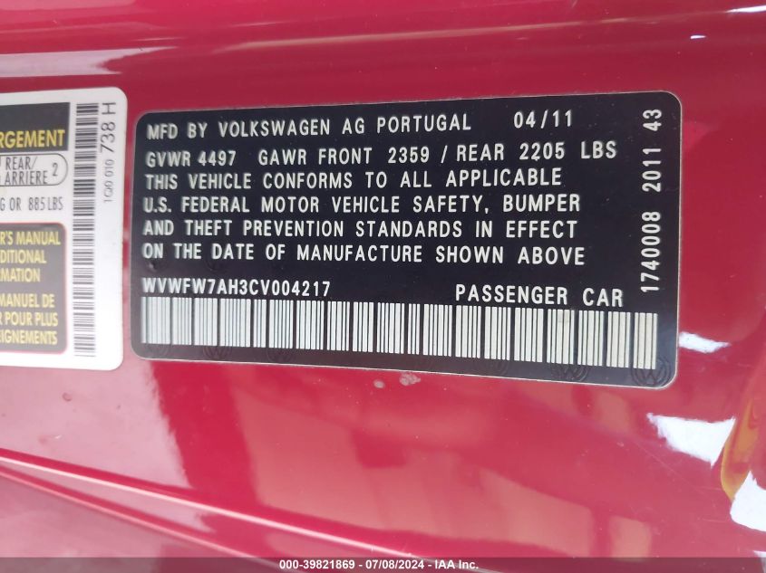 2012 Volkswagen Eos Lux VIN: WVWFW7AH3CV004217 Lot: 39821869