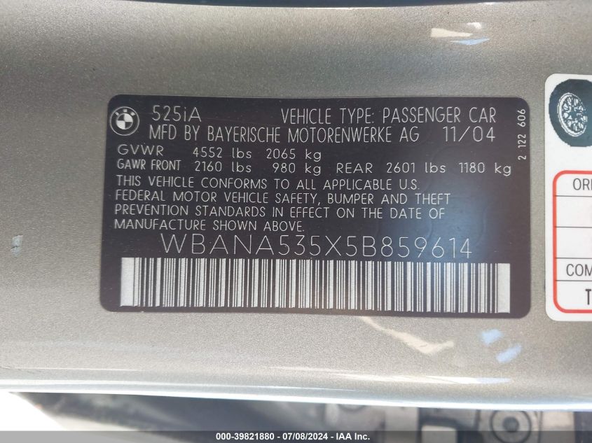 WBANA535X5B859614 2005 BMW 525I