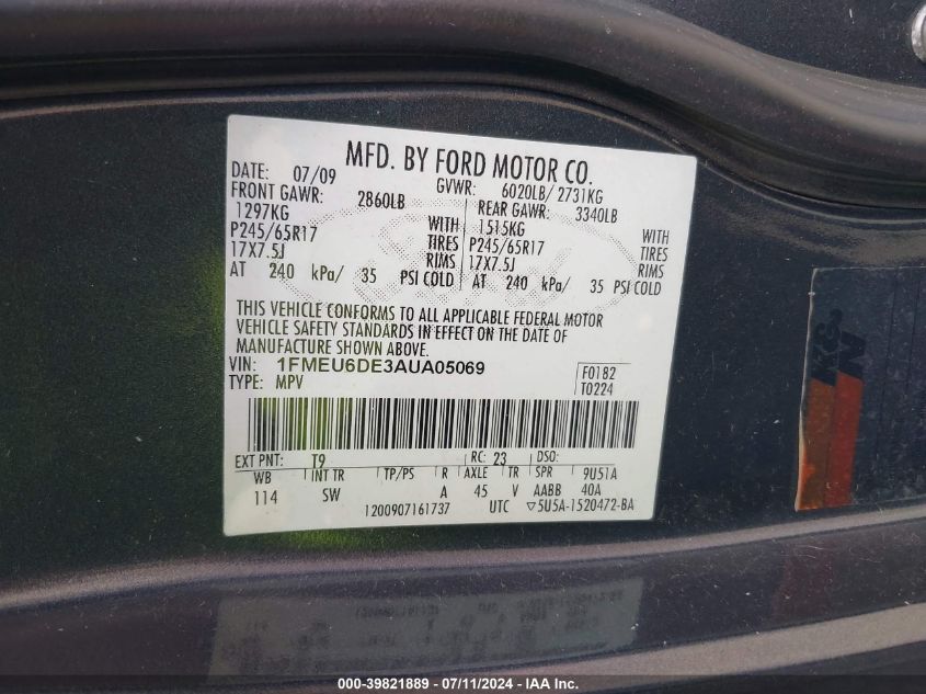 2010 Ford Explorer Xlt VIN: 1FMEU6DE3AUA05069 Lot: 39821889