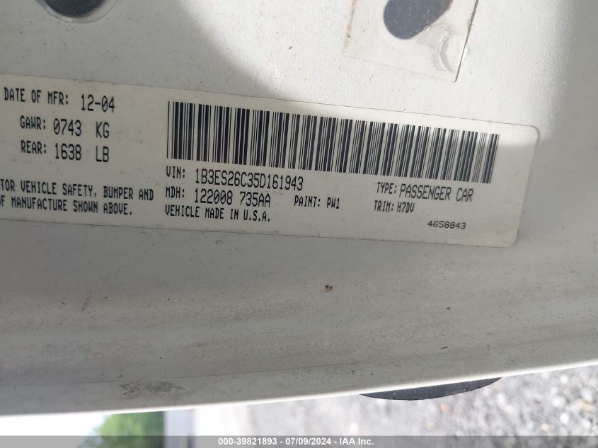 2005 Dodge Neon Se VIN: 1B3ES26C35D161943 Lot: 39821893