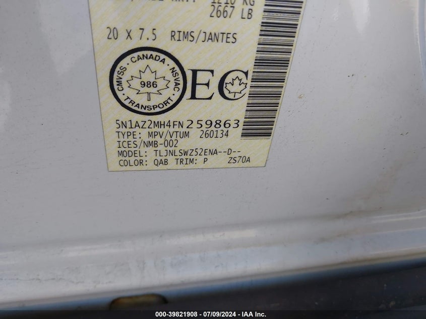 2015 Nissan Murano Platinum/S/Sl/Sv VIN: 5N1AZ2MH4FN259863 Lot: 39821908