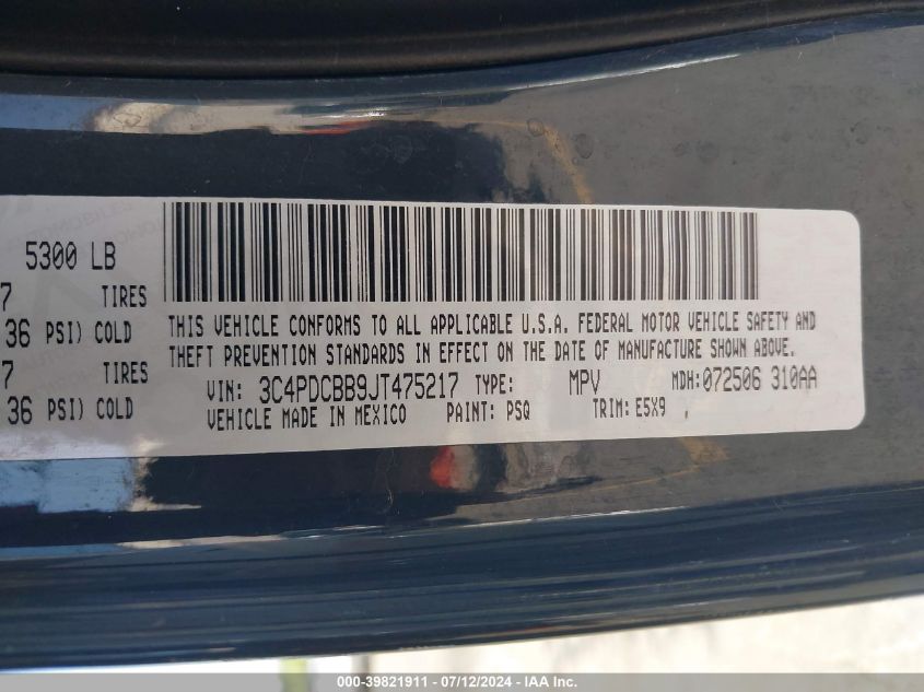 2018 Dodge Journey Sxt VIN: 3C4PDCBB9JT475217 Lot: 39821911