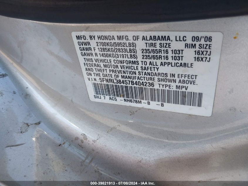 2007 Honda Odyssey Ex VIN: 5FNRL38457B404236 Lot: 39821913